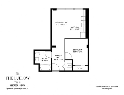 Floor plan for 1 bed, 1 bath, 583 sqft